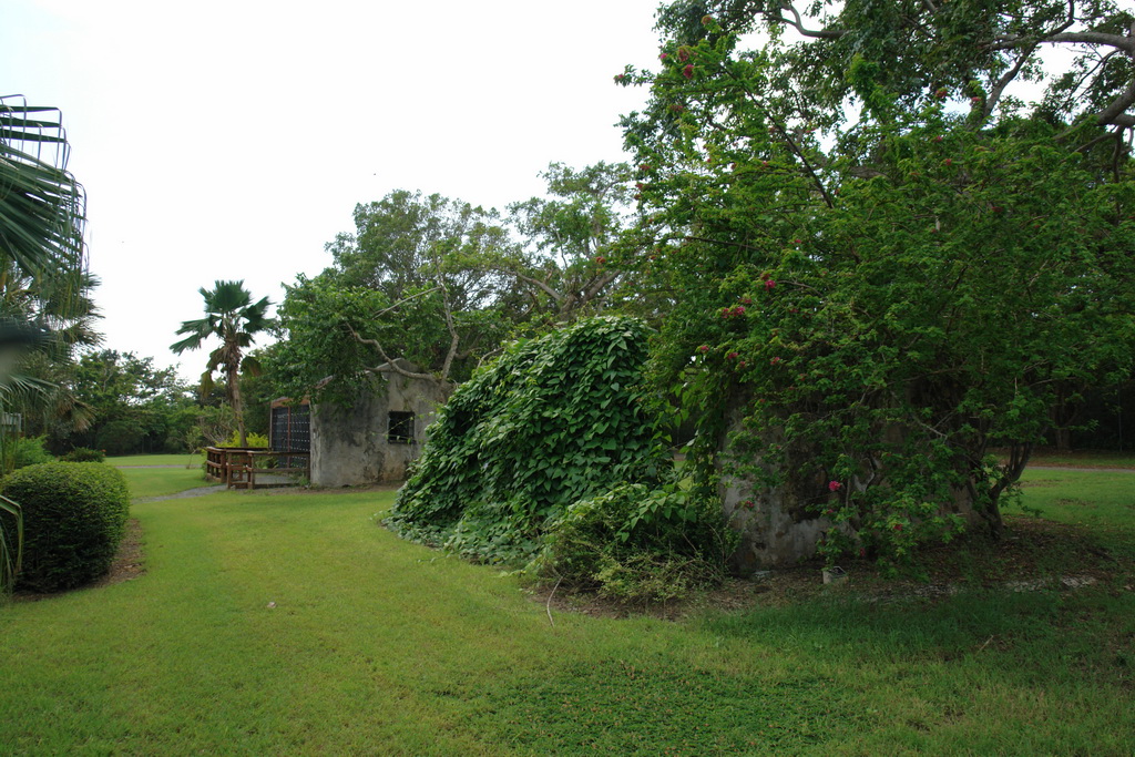 Как жили рабы - на переднем плане здание для нескольких семей, на заднем крытый сад для орхидей рабовладельцев - ботанической сад Сент-Крой (St. Croix).